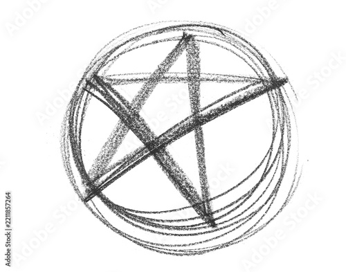 Hand drawn black chalk pentagram star in circle symbol isolated on white background