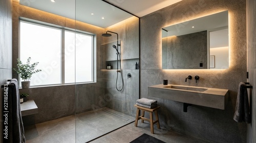 Modern Luxury Bathroom with Concrete Walls and Ambient Lighting