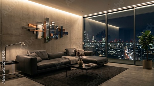 Modern luxury living room with city view at night, contemporary interior design