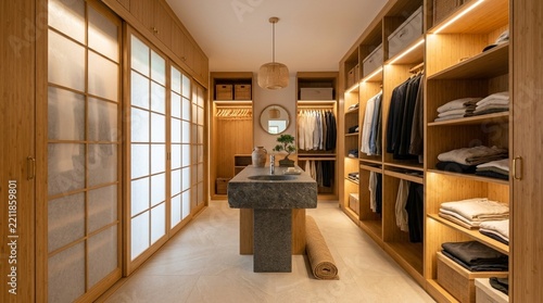 Modern Minimalist Walk-In Closet with Natural Wood and Stone Accents