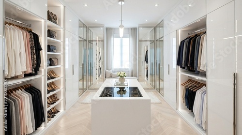 Modern White Luxury Walk-in Closet with Organized Clothes and Shoes