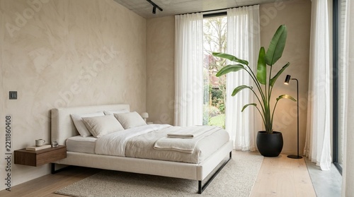Modern Bedroom Interior with King Size Bed, Plant, and Natural Light