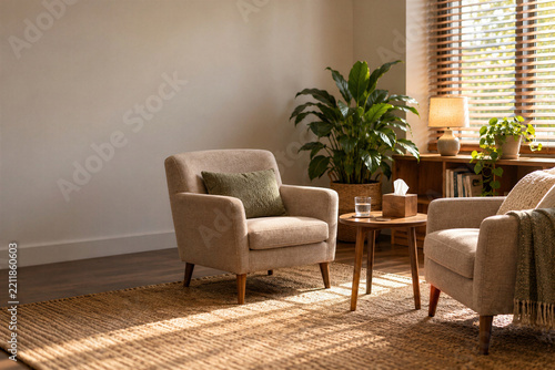 Empty cozy therapy room with two armchairs, side table with tissues, glass of water, plants in warm sunlight