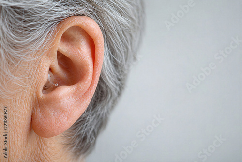 Closeup of senior woman ear with small invisible hearing aid inserted in ear canal, gray hair, hearing care
