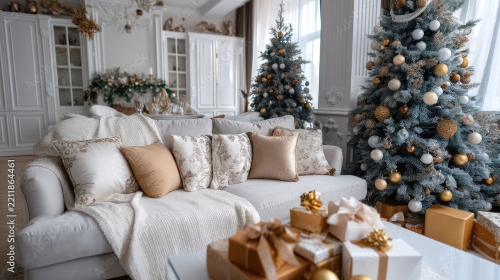 Obraz premium A modern living room features a fireplace with a warm glow, decorated Christmas trees, and gifts, creating a festive atmosphere