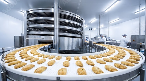 Golden baked pasties moving on an automated white conveyor belt in a large-scale industrial food production factory featuring a multi-tiered spiral cooling system and professional workers.