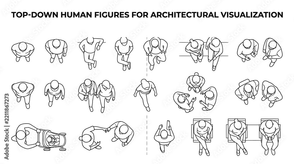 Fototapeta premium Top view human figures collection for architectural site plans and landscape design drawings in black line style