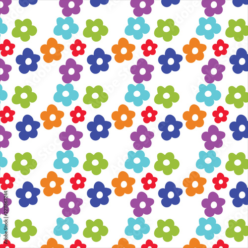 Colorful floral pattern with small stylized blossoms on a bright white background