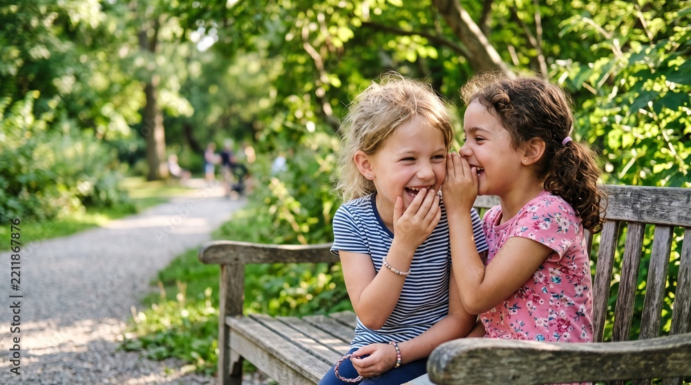 Fototapeta premium Two young girls sharing a secret and laughing on a park bench