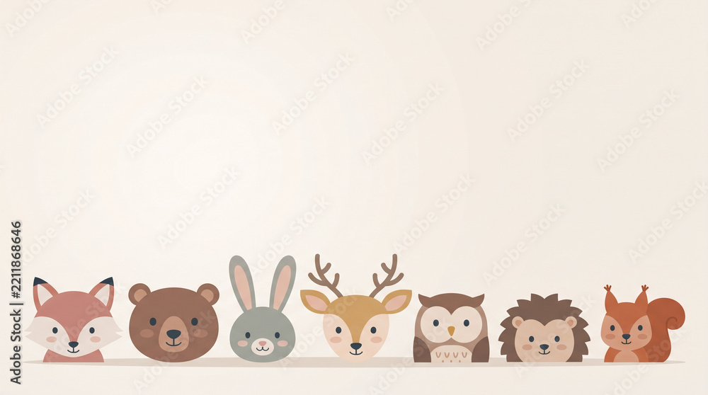 Obraz premium Cute forest animals characters lined up in a row on a light background