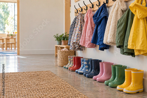Row of colorful rain boots, kids raincoats hanging on hooks in bright kindergarten hallway, cloakroom