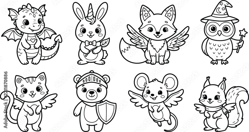 Fototapeta premium Set-of-cute-fantasy-animals-coloring-page-characters-for-kids-activity-book-isolated-on-white-background