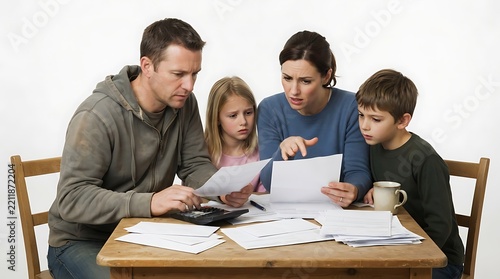 Stressed family sitting at a wooden table reviewing household bills and financial documents together