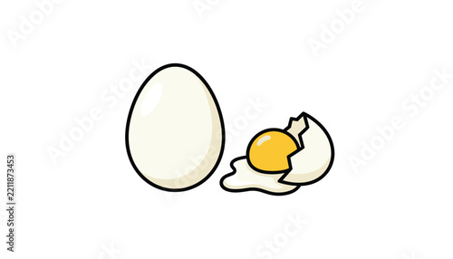 Whole white egg next to a cracked egg showing the yellow yolk and white vector illustration on a white background.