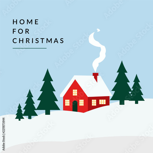 Cozy winter scene of a red house covered in snow with smoke rising from the chimney
