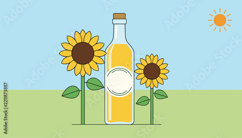 Glass bottle of organic sunflower oil standing between two yellow sunflowers under a bright shining sun.