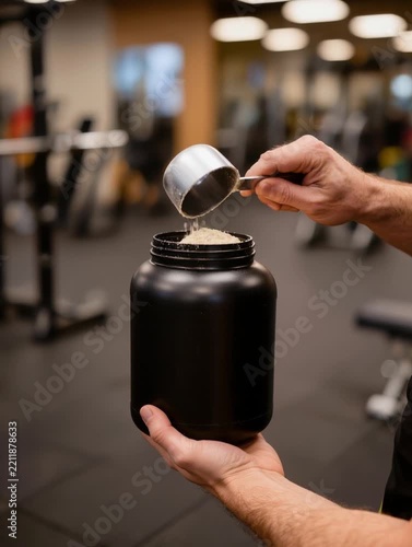 Person preparing a serving of protein powder with a metal scoop over a plain container in a modern gym, representing sports nutrition and fitness routines.