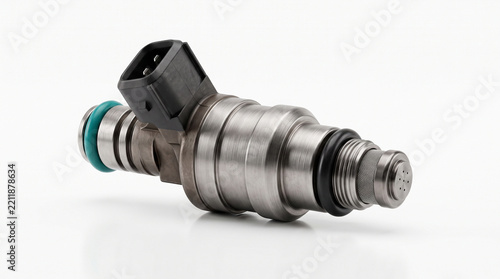A metallic fuel injector nozzle for an internal combustion engine isolated on white background with electrical connector isolated isolated against plain rings electrical