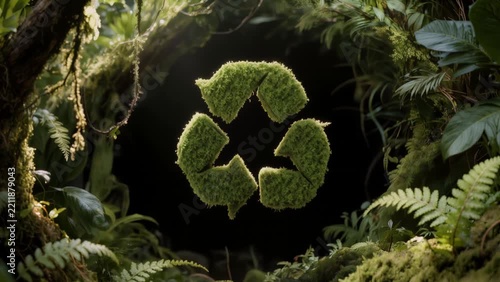 Moss-covered recycling symbol suspended in a lush green forest surrounded by dense foliage, representing environmental sustainability and harmony with nature.