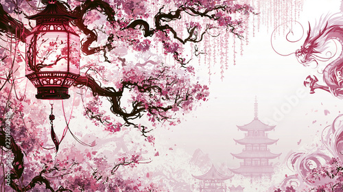 Whimsical illustration featuring blooming cherry blossoms, a glowing lantern, a pagoda, and a mythical creature, artistic cultural design, with copy space