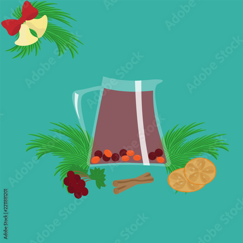 A festive Christmas drink made from sea buckthorn and cranberry berries, served in a transparent teapot. Next to it are slices of dried orange, cinnamon sticks, and spruce twigs.