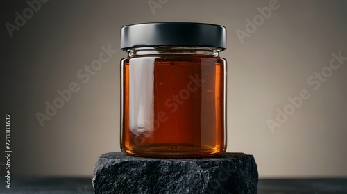 Amber glass jar with black lid on dark textured surface studio lighting