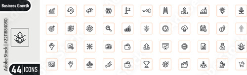 Business growth icons line art vector set featuring finance marketing strategy success analytics investment and management symbols