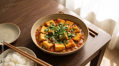 Vietnamese Tofu stew sits in bowl next to white rice on a wooden dining table