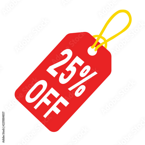 Red Discount Sale Tag with 25% Off Text and Yellow Hanging String Isolated on White Background.  Resizable and editable, EPS 10.