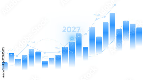 Obraz na plátně 2023 to 2028 Business growth forecast chart, Blue business growth chart with rising bar graph, curved trend lines, year labels from 2023 to 2028, and glowing 2027 highlight on transparent background
