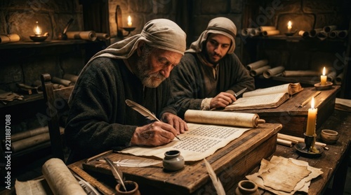 Ancient sage document: divine commandment, sacred instruction, religious principle, moral precept, holy statute, old testament, spiritual guide, feather quill, parchment scroll, learn wisdom.