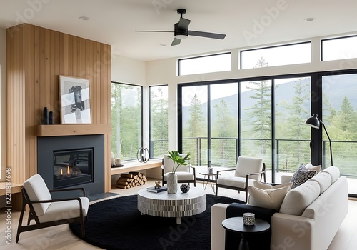 Modern living room with fireplace and large windows