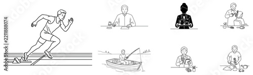 Set of hand drawn doodle style icons representing various office and business related activities and concepts