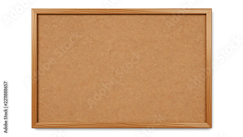 A light brown cork bulletin board with a wooden frame is centered on a white background.