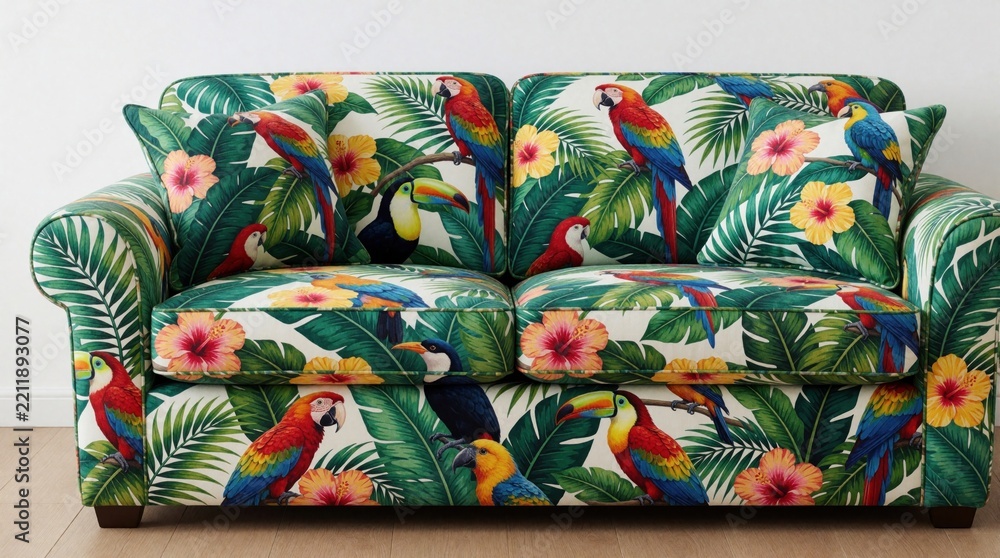 Fototapeta premium Colorful sofa with tropical bird, jungle leaf pattern. Two seater couch features parrots, toucans, hibiscus flowers, green foliage on fabric. Modern living room furniture with exotic botanical print