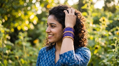 Young Indian woman adjusting her curly hair in a sunny garden