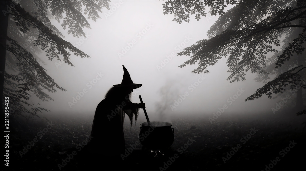 Fototapeta premium Silhouette of witch stirring cauldron in foggy dark forest. Halloween witchcraft concept in monochrome woods