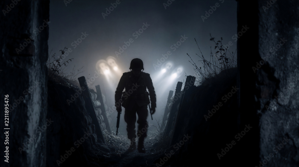 Fototapeta premium Silhouette of a soldier walking through a wartime trench at night. Military infantryman in helmet moving along sandbag fortifications under searchlights