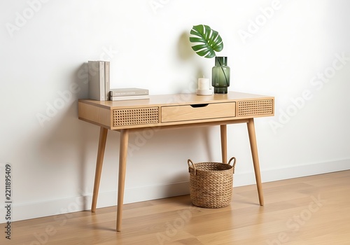 Minimalist wooden desk with drawer and plant decoration