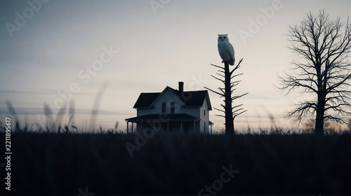 White owl perched atop dead tree near rural farmhouse at dusk. Solitary bird of prey in dark field beside isolated house