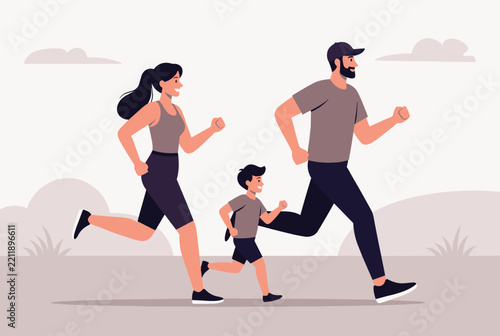 Happy active family including father, mother, and young son enjoy jogging together in a scenic outdoor parkway.