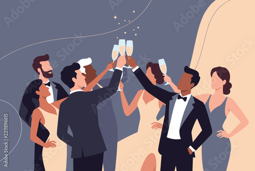 Group of elegant friends in evening wear smiling and raising their champagne glasses to make a toast at a formal party.