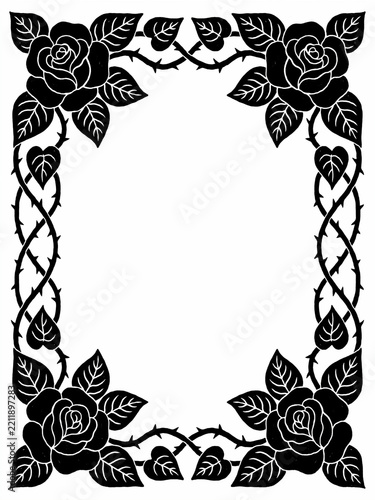 Black and white floral frame with roses isolated on white