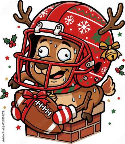 Cute Reindeer Playing American Football with Helmet Isolated on Transparent Background.