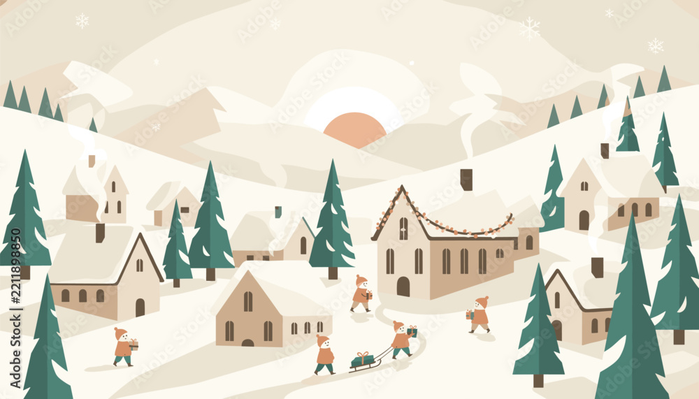 Obraz premium Heartwarming winter village scene with small elves or children carrying gifts and pulling a sled through snow, past cozy houses and pine trees at sunrise.