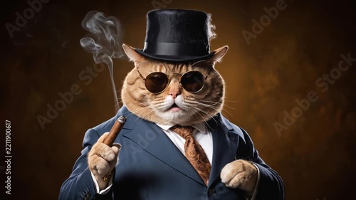 Surreal ginger cat dressed as a mafia boss wearing a suit, top hat, and sunglasses while smoking a cigar, 3D character animation, 1080p, 24fps.