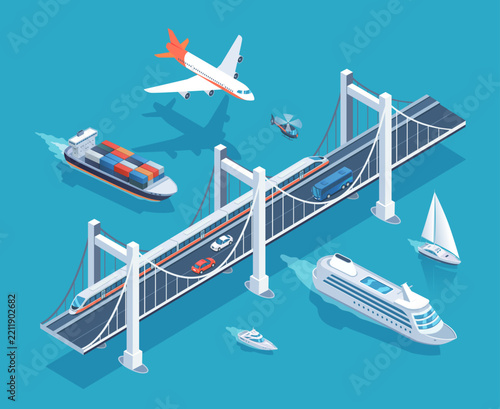 Isometric vector set illustration of air, land and sea different transports. 
