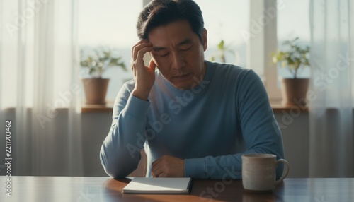 Exhausted middle aged East Asian man rubbing his temples while sitting at a wooden kitchen table experiencing burnout