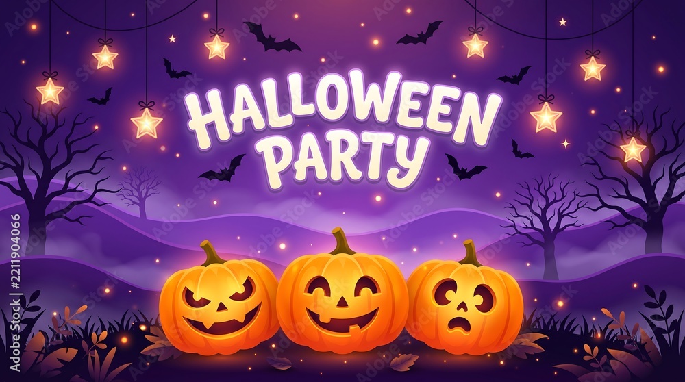 Fototapeta premium Halloween party greeting with carved pumpkins and glowing stars on a purple night background