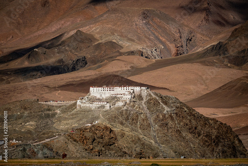 Remote Buddhist monastery surrounded by rugged Ladakh hills